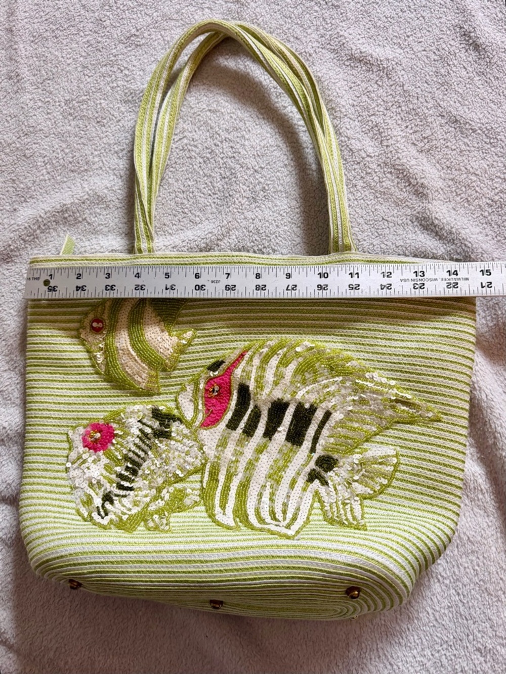Eric Javitz | Green and White Straw Tote Sequin Fish Bag Resort Beach Purse - Picture 10 of 13